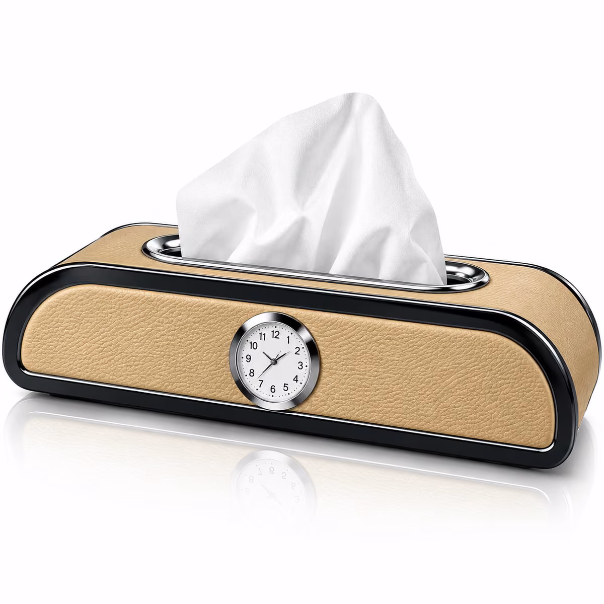 CAR TISSUE BOX WITH CLOCK AND NUMBER CARD – BEIGE